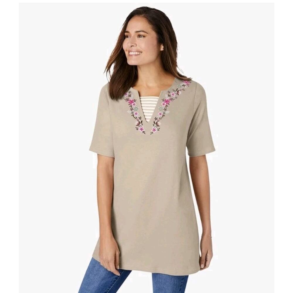 Woman Within Plus Size 7-Day Layered-Look Embroidered Tunic 3X 30 32